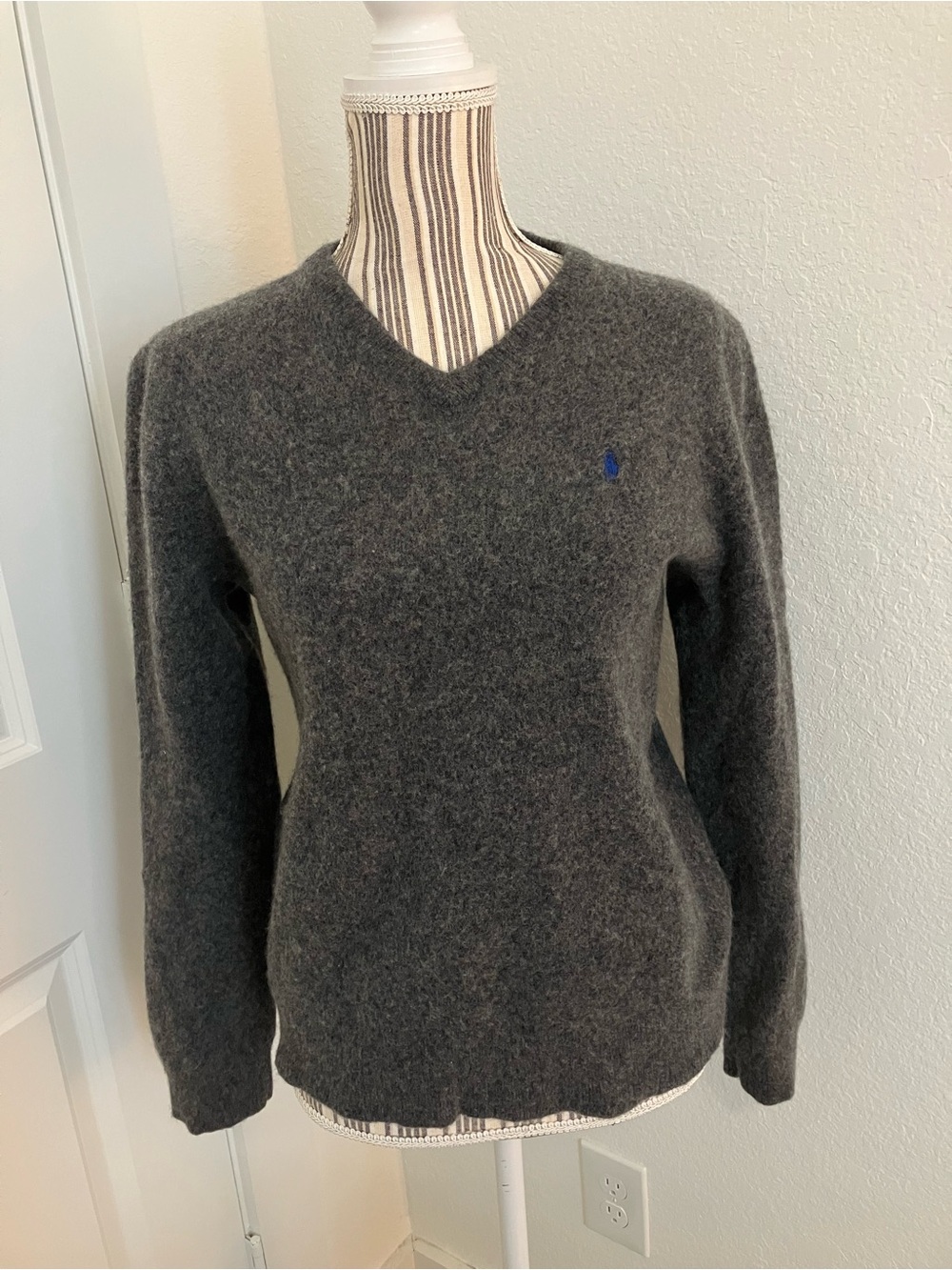 Ralph Lauren Dark Gray V-Neck Sweater with Blue Pony